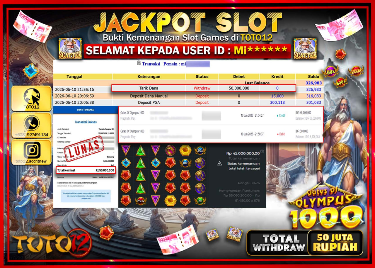 HANYA DI TOTO12 JP PASTI DI BAYAR LUNAS DAN CEPAT!!!!!! JACKPOT SLOT GAME (GATES OF OLYMPUS 1000) Rp50.000.000!!!!