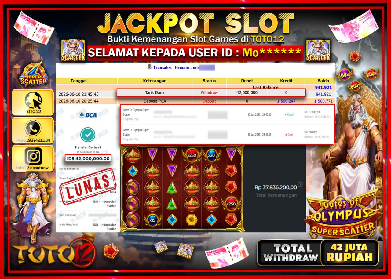 HANYA DI TOTO12 JP PASTI DI BAYAR LUNAS DAN CEPAT!!!!!! JACKPOT SLOT GAME (GATES OF OLYMPUS SUPER SCATTER) Rp42.000.000!!!!