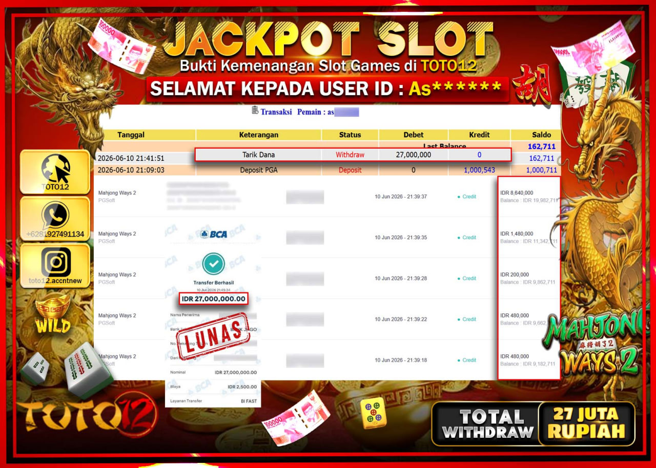 HANYA DI TOTO12 JP PASTI DI BAYAR LUNAS DAN CEPAT!!!!!! JACKPOT SLOT GAME (MAHJONG WAYS 2) Rp27.000.000!!!!