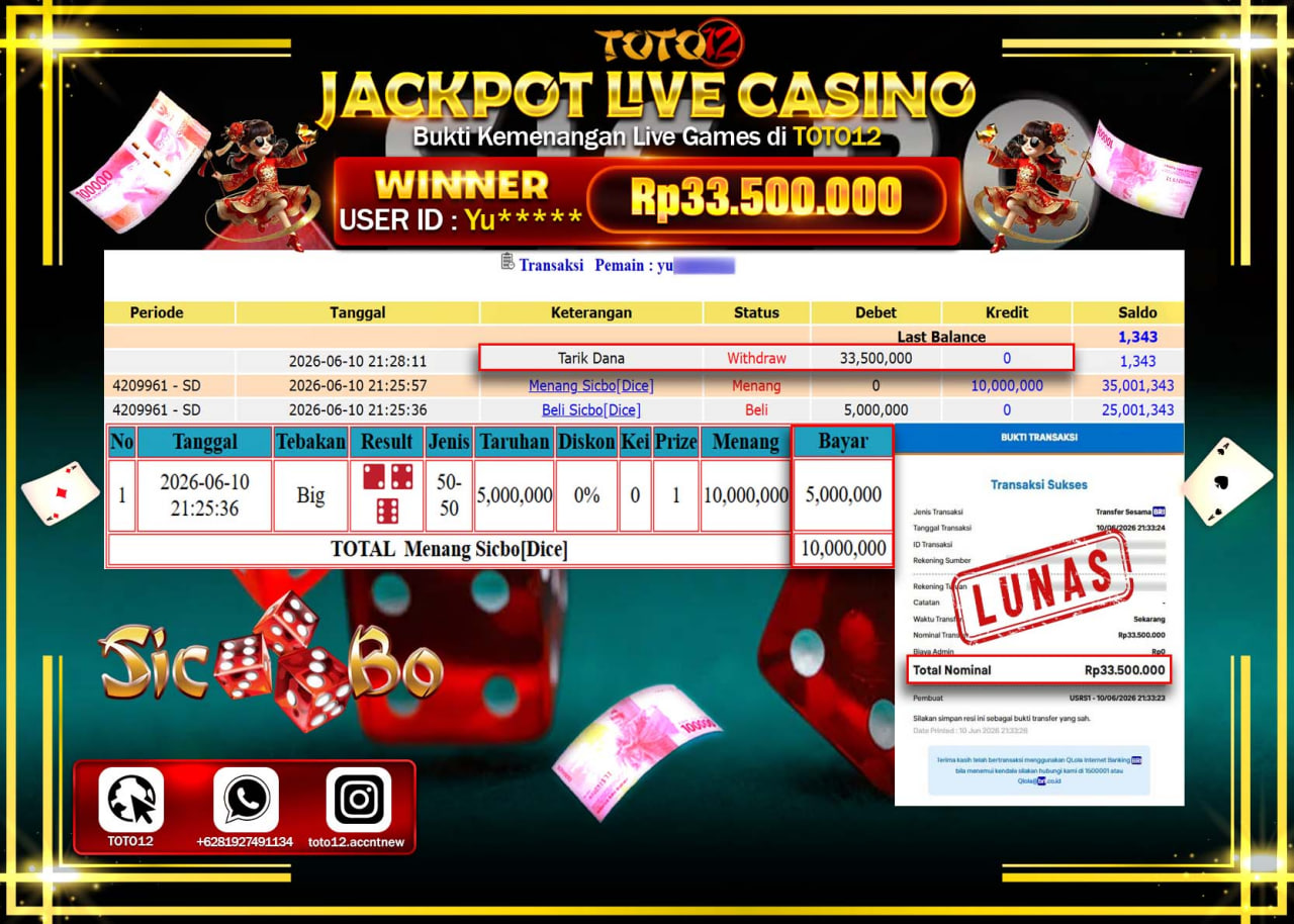 HANYA DI TOTO12 JP PASTI DI BAYAR LUNAS DAN CEPAT!!!!!! JACKPOT LIVE GAMES CASINO(SICBO DICE) Rp33.500.000!!!!