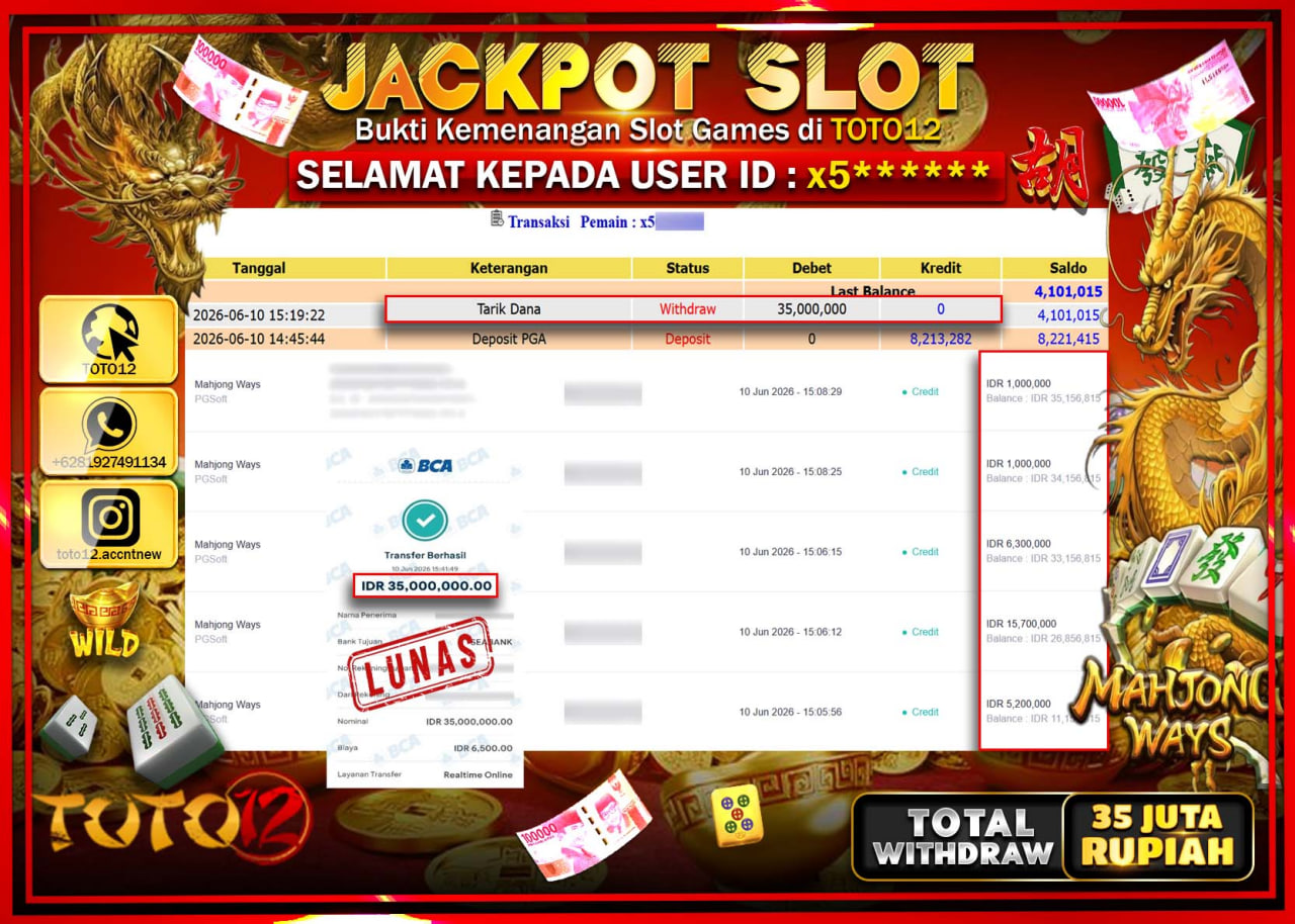HANYA DI TOTO12 JP PASTI DI BAYAR LUNAS DAN CEPAT!!!!!! JACKPOT SLOT GAME (MAHJONG WAYS) Rp35.000.000!!!!