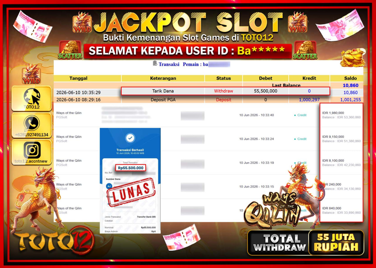 HANYA DI TOTO12 JP PASTI DI BAYAR LUNAS DAN CEPAT!!!!!! JACKPOT SLOT GAME (WAYS OF THE QILIN) Rp55.500.000!!!!