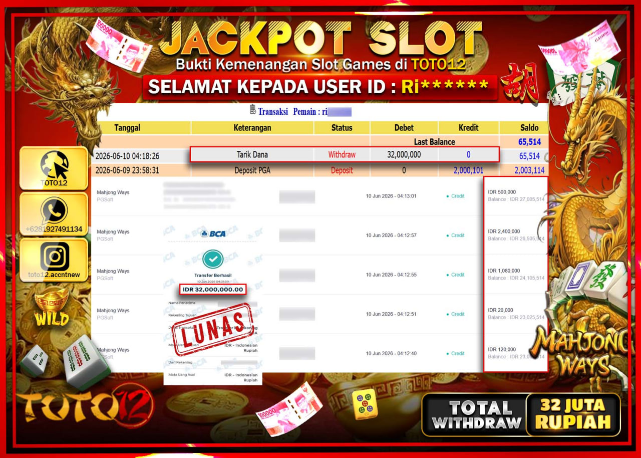 HANYA DI TOTO12 JP PASTI DI BAYAR LUNAS DAN CEPAT!!!!!! JACKPOT SLOT GAME (MAHJONG WAYS) Rp32.000.000!!!!