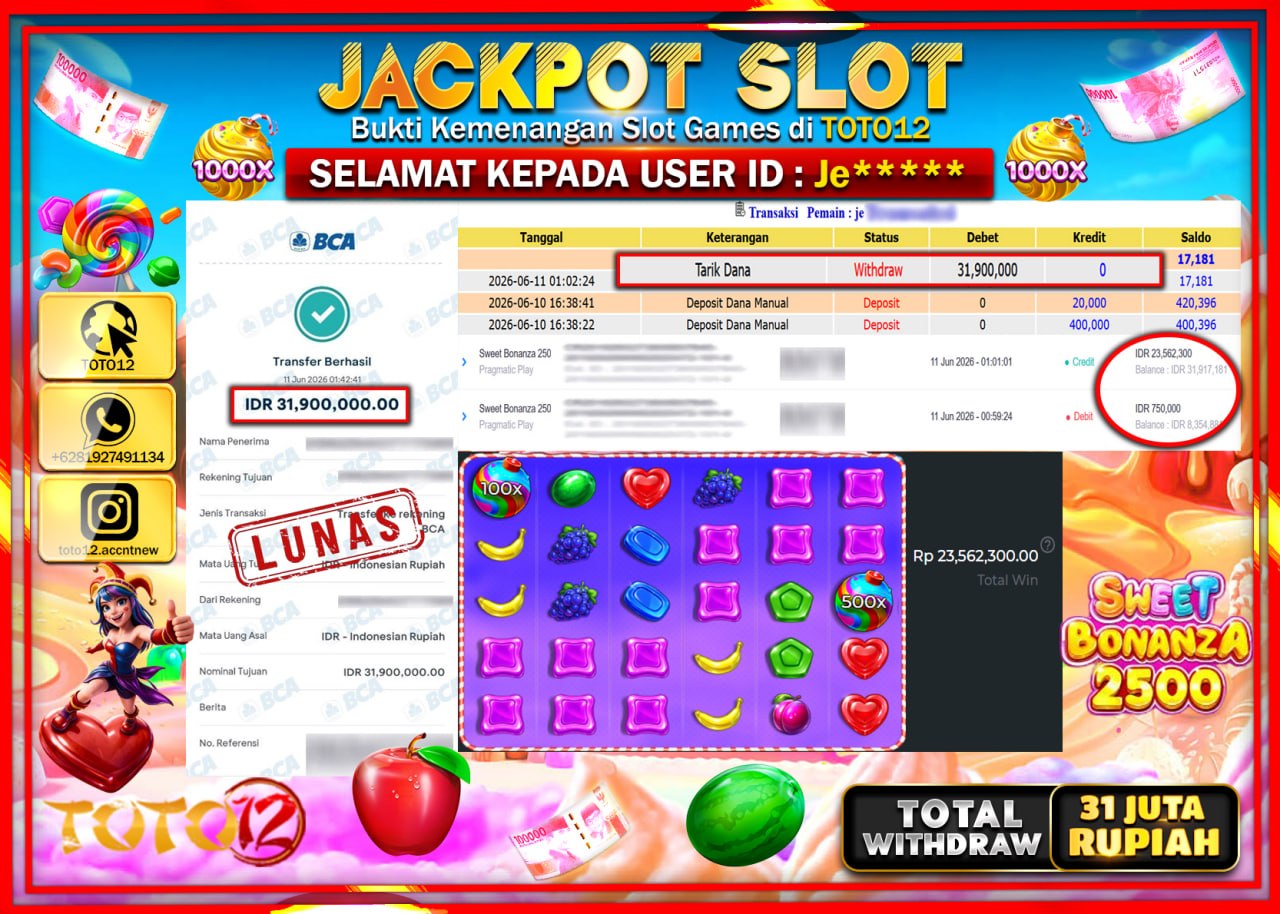 HANYA DI TOTO12 JP PASTI DI BAYAR LUNAS DAN CEPAT!!!!!! JACKPOT SLOT GAME (SWEET BONANZA 2500) Rp31.900.000!!!!