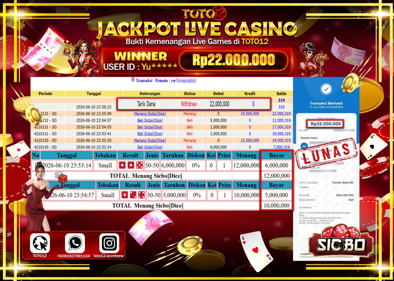 HANYA DI TOTO12 JP PASTI DI BAYAR LUNAS DAN CEPAT!!!!!! JACKPOT LIVE GAMES CASINO (SICBO DICE) Rp22.000.000!!!!