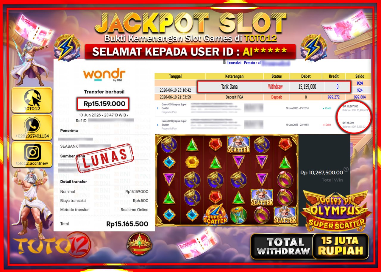 HANYA DI TOTO12 JP PASTI DI BAYAR LUNAS DAN CEPAT!!!!!! JACKPOT SLOT GAME (GATES OF OLYMPUS SUPER SCATTER) Rp15.159.000!!!!