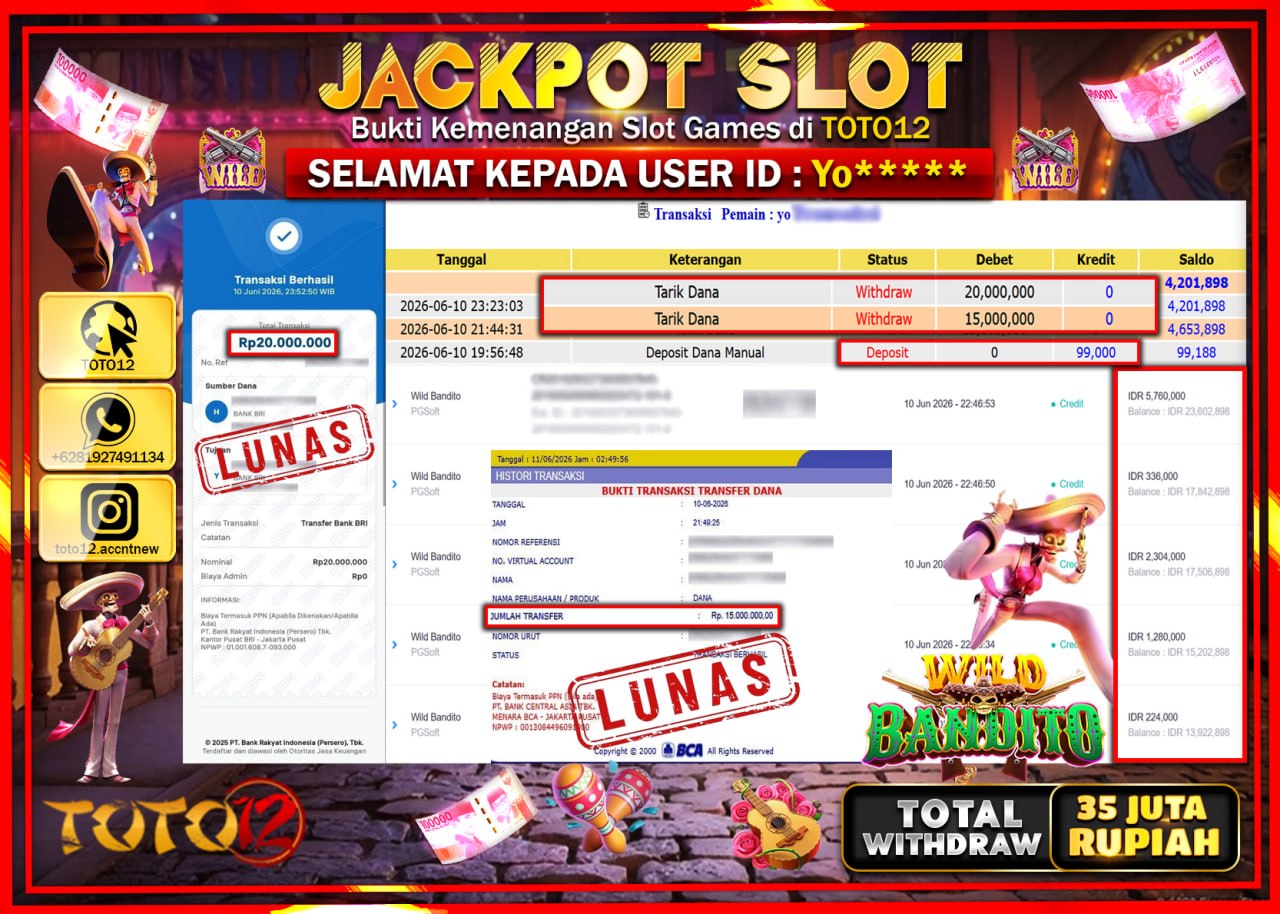 HANYA DI TOTO12 JP PASTI DI BAYAR LUNAS DAN CEPAT!!!!!! JACKPOT SLOT GAME (WILD BANDITO) Rp35.000.000!!!!