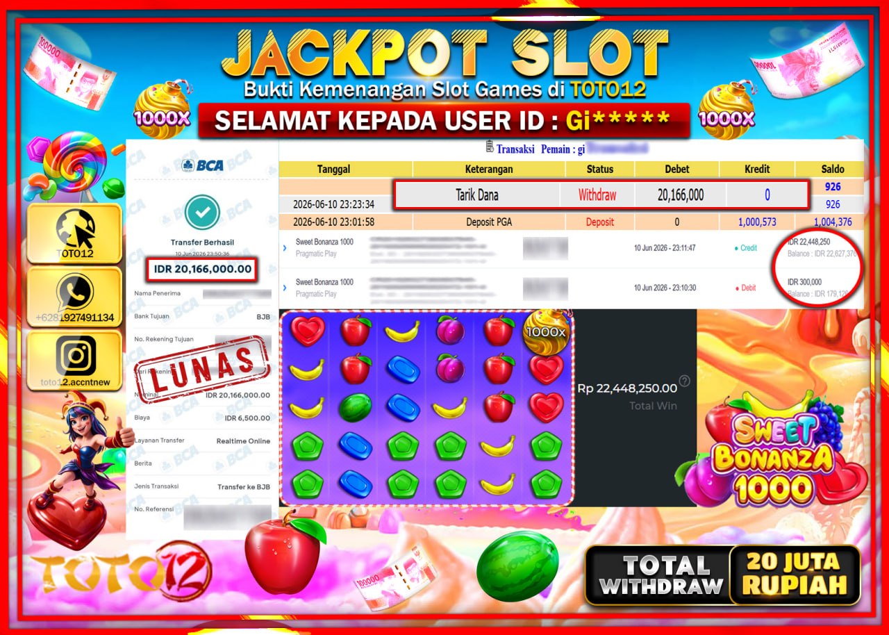 HANYA DI TOTO12 JP PASTI DI BAYAR LUNAS DAN CEPAT!!!!!! JACKPOT SLOT GAME (SWEET BONANZA 1000) Rp20.166.000!!!!