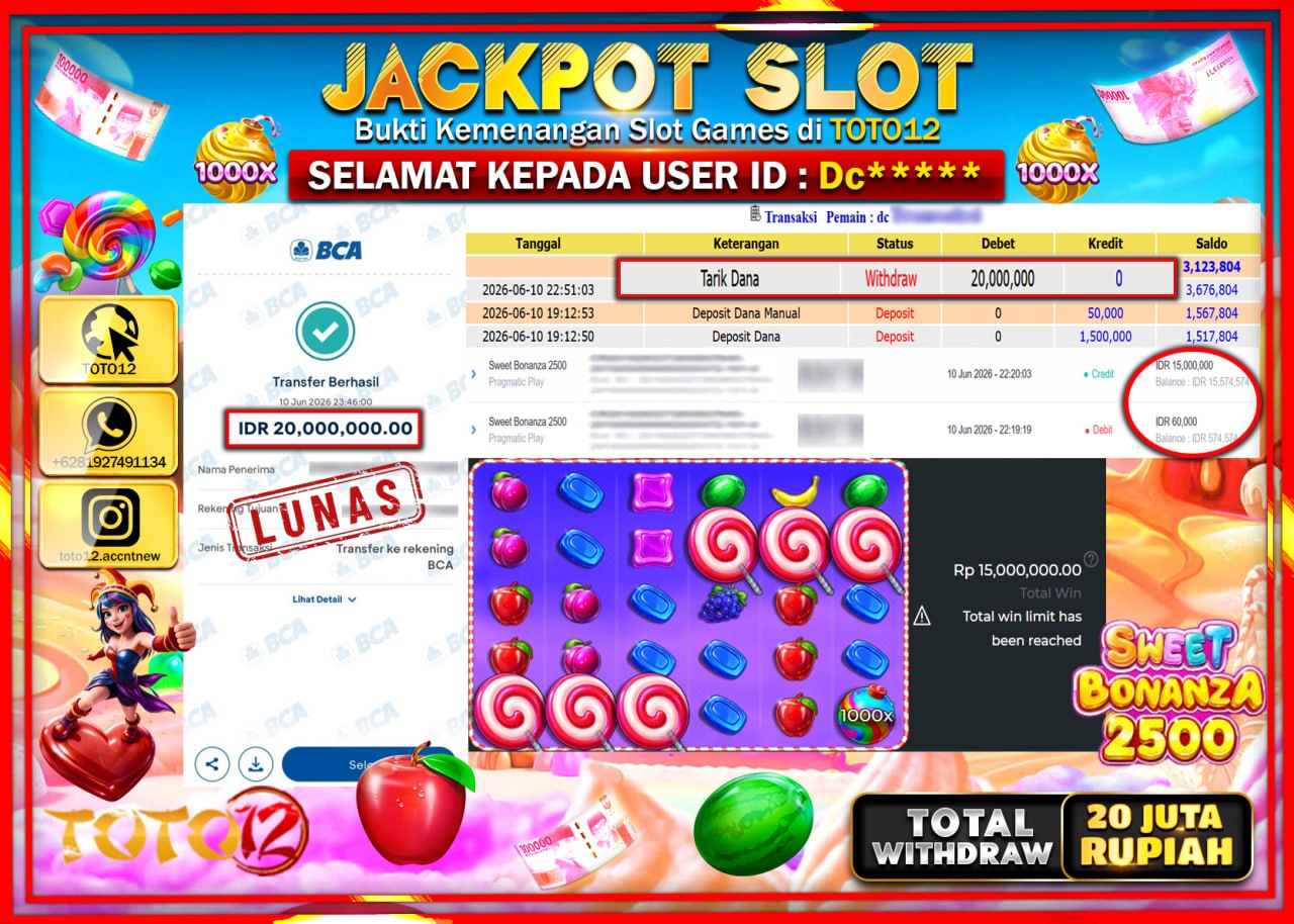 HANYA DI TOTO12 JP PASTI DI BAYAR LUNAS DAN CEPAT!!!!!! JACKPOT SLOT GAME (SWEET BONANZA 2500) Rp20.000.000!!!!