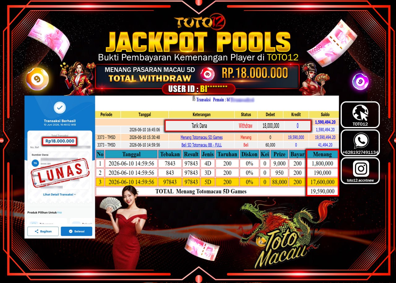 HANYA DI TOTO12 JP PASTI DI BAYAR LUNAS DAN CEPAT!!!!!! JACKPOT POOLS PASARAN (MACAU5D) Rp18.000.000!!!!