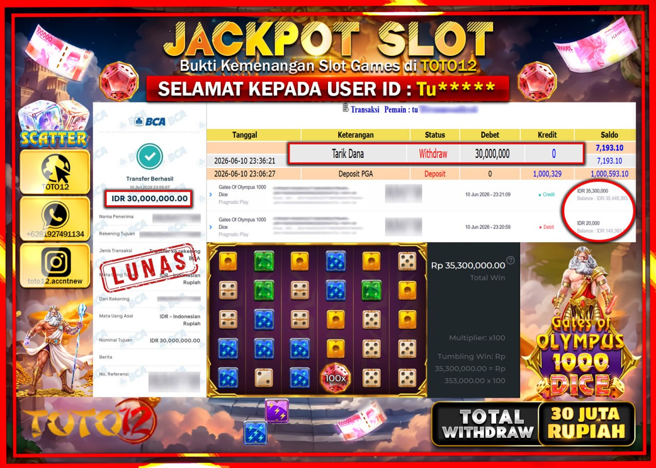 HANYA DI TOTO12 JP PASTI DI BAYAR LUNAS DAN CEPAT!!!!!! JACKPOT SLOT GAME (GATES OF OLYMPUS 1000 DICE) Rp30.000.000!!!!