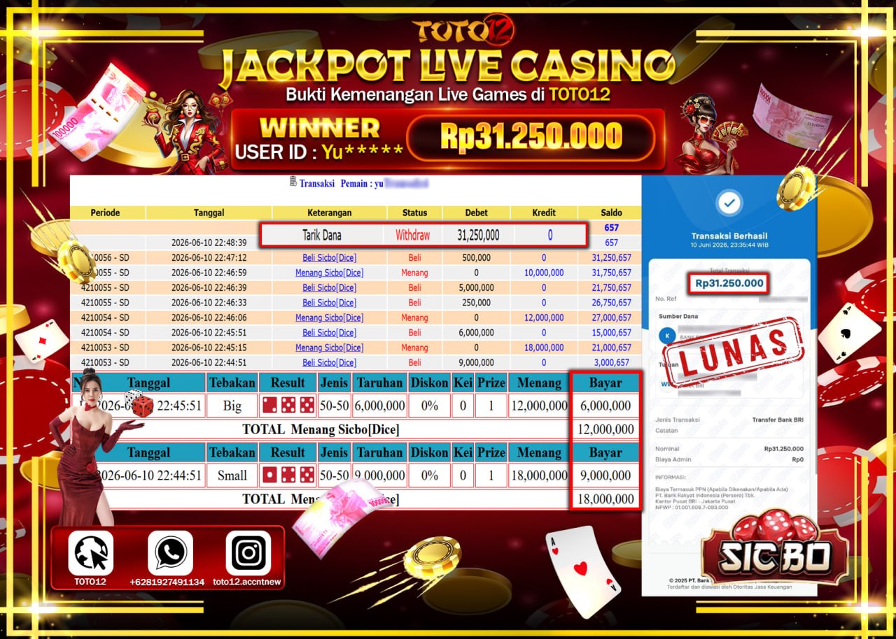 HANYA DI TOTO12 JP PASTI DI BAYAR LUNAS DAN CEPAT!!!!!! JACKPOT LIVE GAMES CASINO (SICBO DICE) Rp31.250.000!!!!