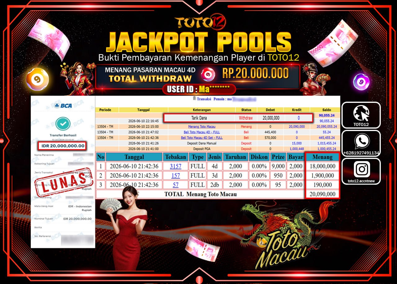 HANYA DI TOTO12 JP PASTI DI BAYAR LUNAS DAN CEPAT!!!!!! JACKPOT POOLS PASARAN (MACAU4D) Rp20.000.000!!!!