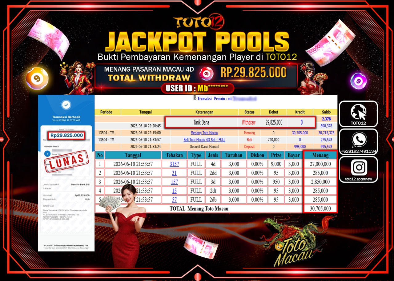 HANYA DI TOTO12 JP PASTI DI BAYAR LUNAS DAN CEPAT!!!!!! JACKPOT POOLS PASARAN (MACAU4D) Rp29.825.000!!!!