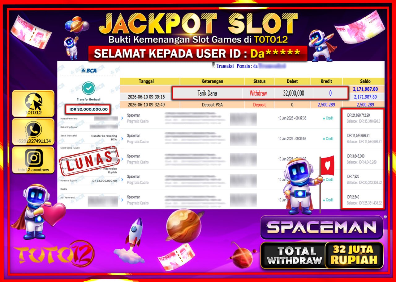 HANYA DI TOTO12 JP PASTI DI BAYAR LUNAS DAN CEPAT!!!!!! JACKPOT SLOT GAME (SPACEMAN) Rp32.000.000!!!!