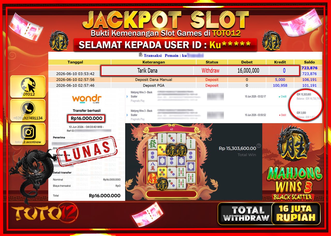 HANYA DI TOTO12 JP PASTI DI BAYAR LUNAS DAN CEPAT!!!!!! JACKPOT SLOT GAME (MAHJONG WINS 3 BLACK SCATTER) Rp16.000.000!!!!