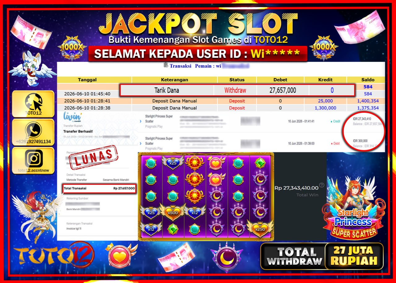 HANYA DI TOTO12 JP PASTI DI BAYAR LUNAS DAN CEPAT!!!!!! JACKPOT SLOT GAME (STARLIGHT PRINCESS SUPER SCATTER) Rp27.657.000!!!!