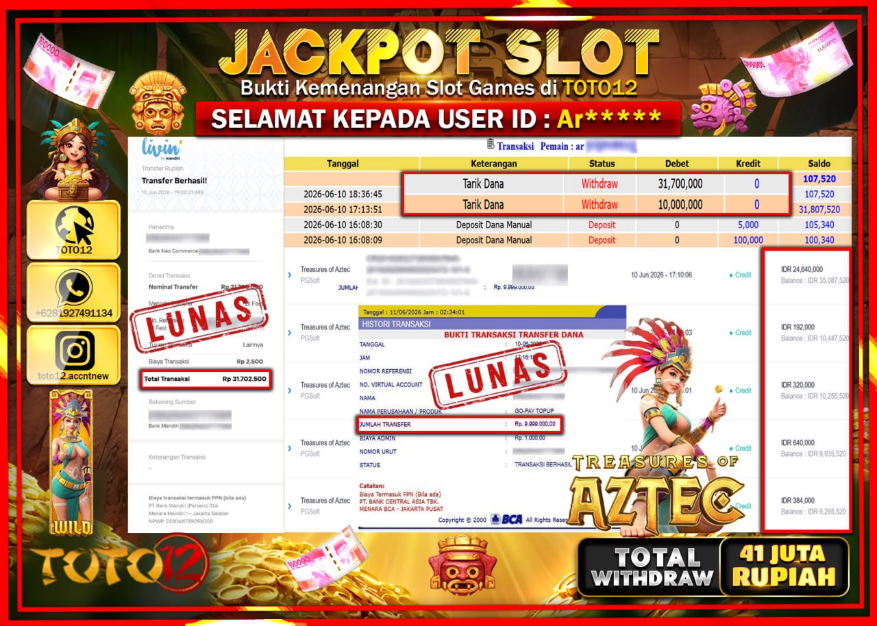 HANYA DI TOTO12 JP PASTI DI BAYAR LUNAS DAN CEPAT!!!!!! JACKPOT SLOT GAME (TREASURES OF AZTEC) Rp41.700.000!!!!