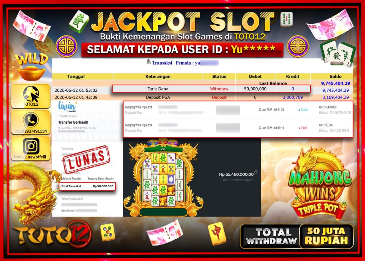 HANYA DI TOTO12 JP PASTI DI BAYAR LUNAS DAN CEPAT!!!!!! JACKPOT SLOT GAME (MAHJONG WINS TRIPLE POT) Rp50.000.000!!!!