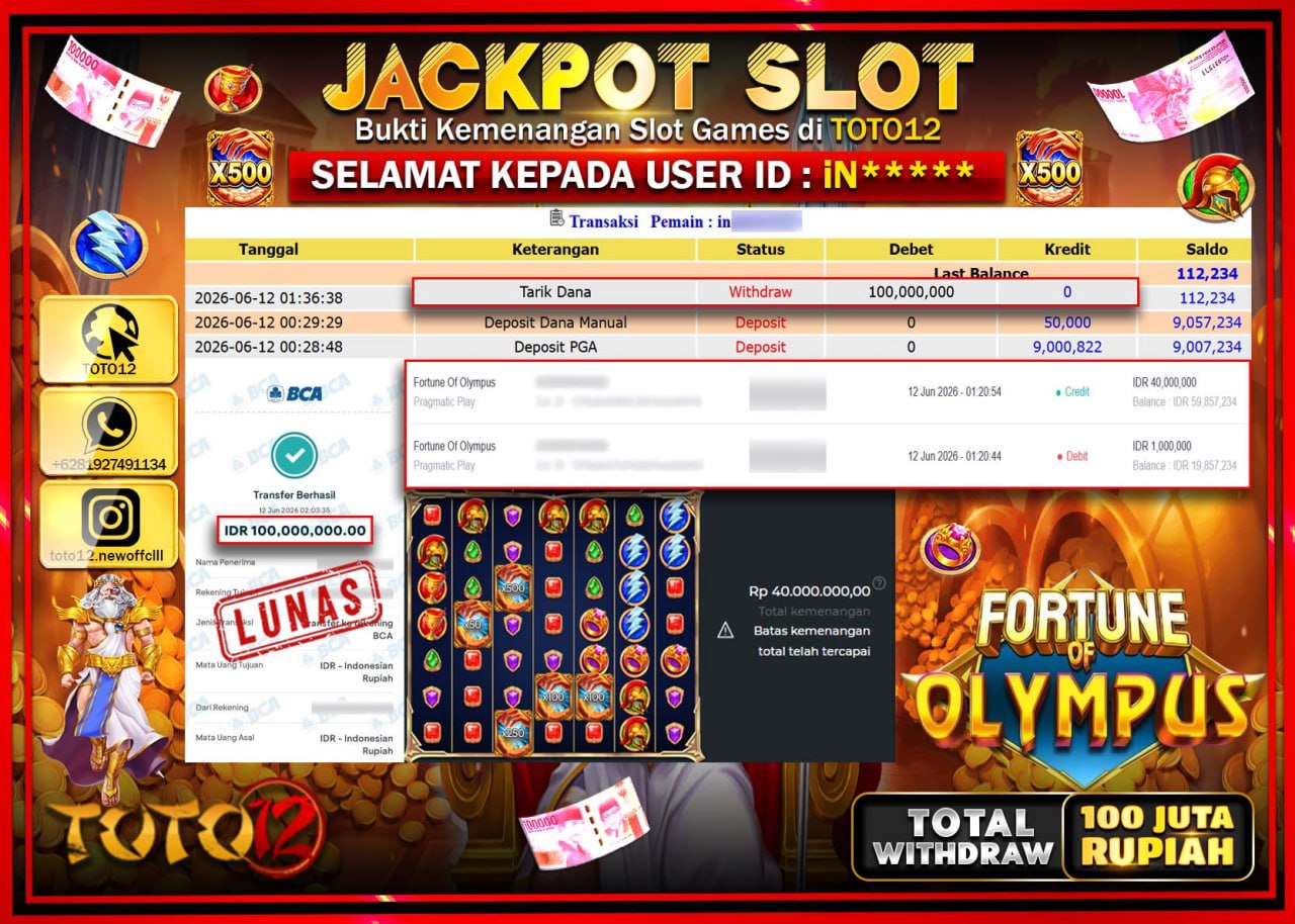 HANYA DI TOTO12 JP PASTI DI BAYAR LUNAS DAN CEPAT!!!!!! JACKPOT SLOT GAME (FORTUNE OF OLYMPUS) Rp100.000.000!!!!