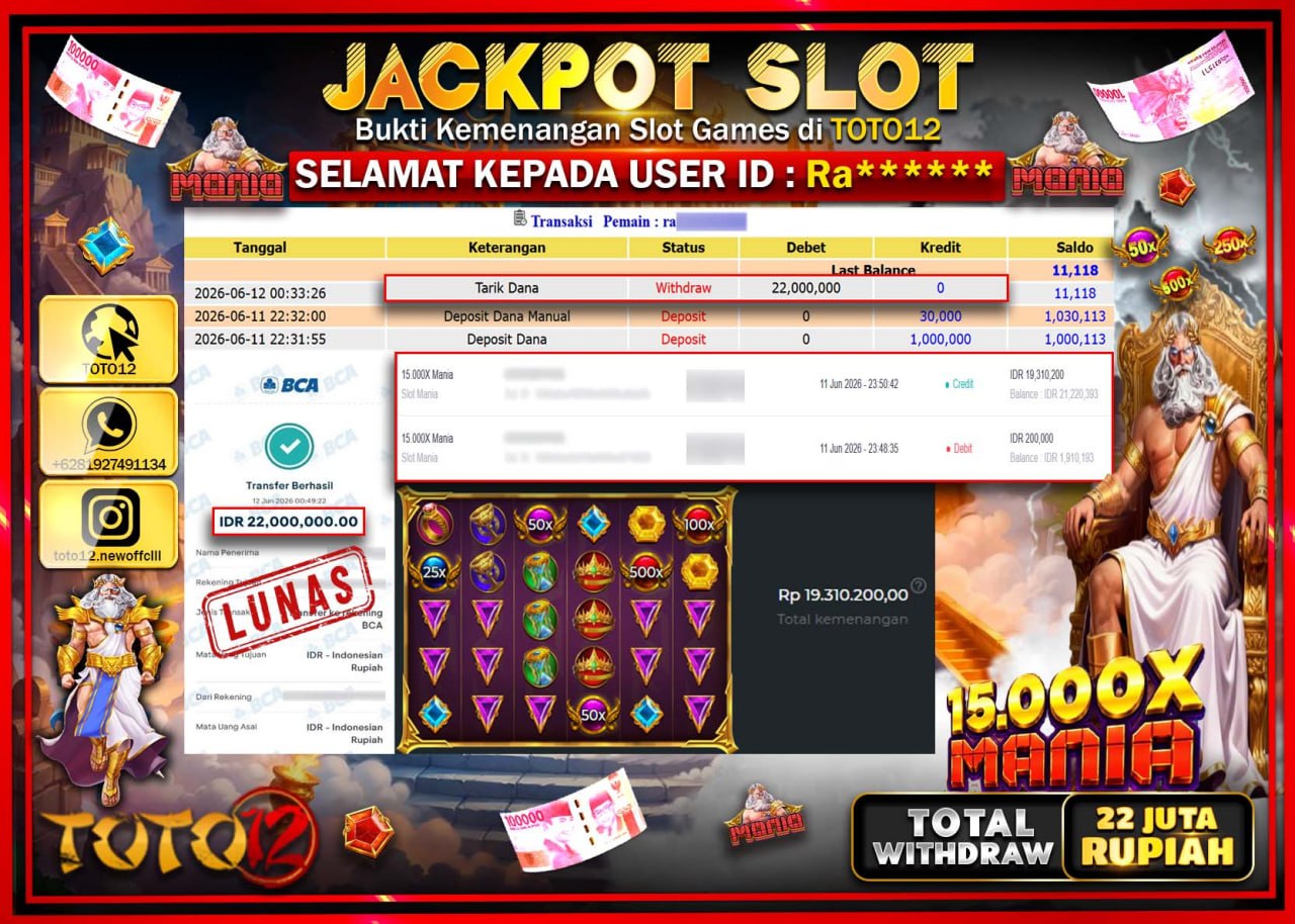 HANYA DI TOTO12 JP PASTI DI BAYAR LUNAS DAN CEPAT!!!!!! JACKPOT SLOT GAME (15.000 X MANIA) Rp22.000.000!!!!