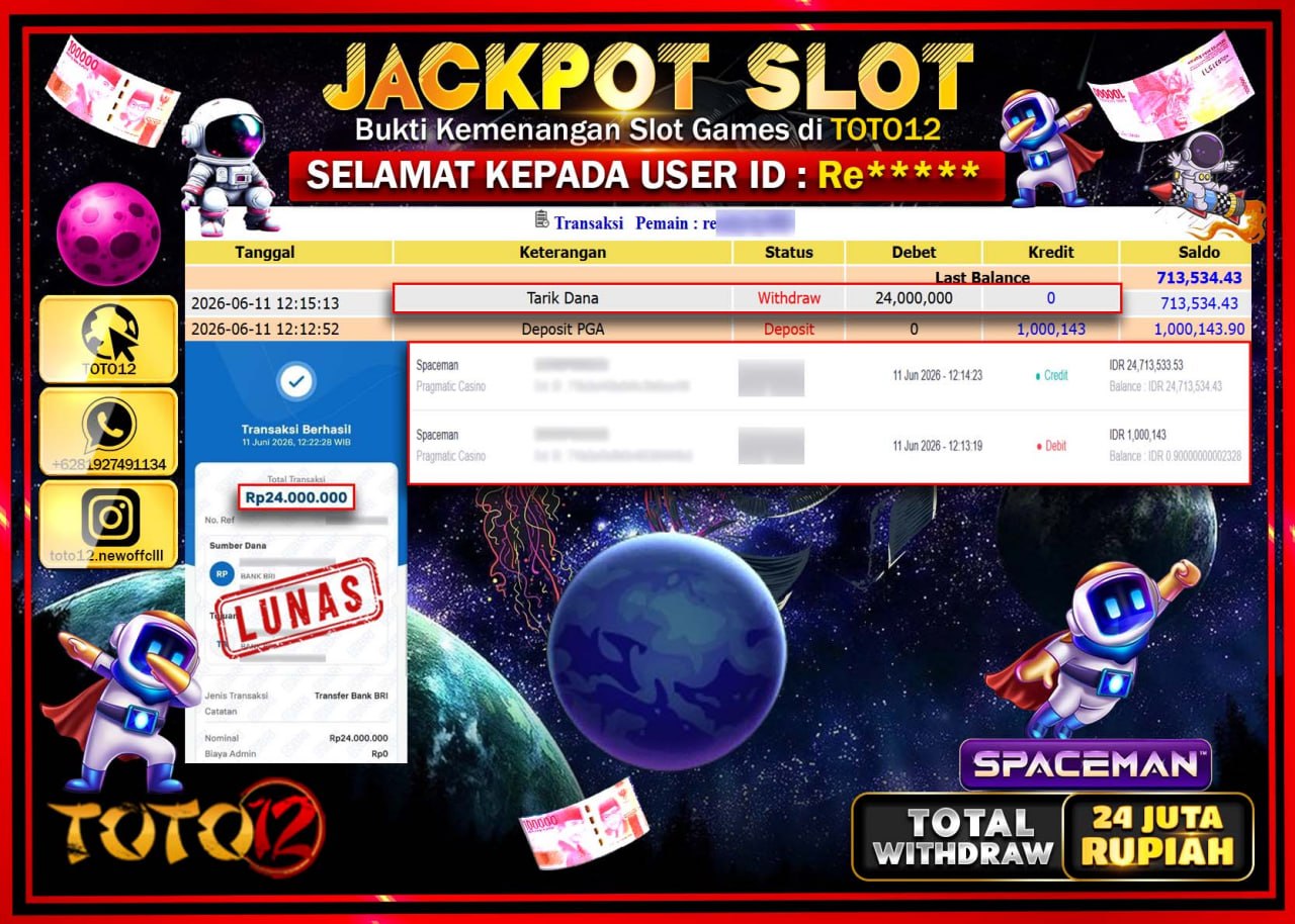 HANYA DI TOTO12 JP PASTI DI BAYAR LUNAS DAN CEPAT!!!!!! JACKPOT SLOT GAME (SPACEMAN) Rp24.000.000!!!!