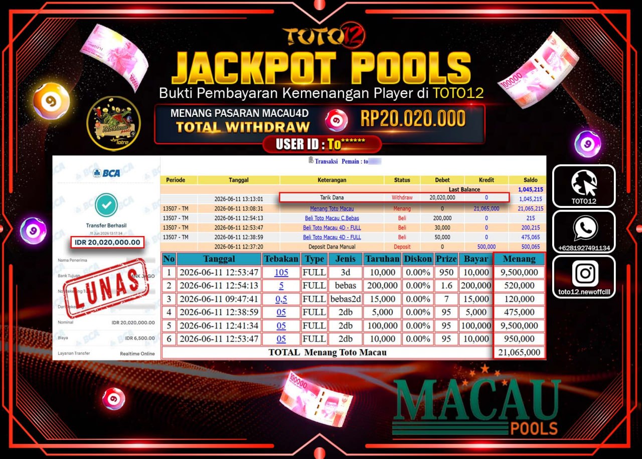 HANYA DI TOTO12 JP PASTI DI BAYAR LUNAS DAN CEPAT!!!!!! JACKPOT POOLS PASARAN (MACAU 4D) Rp20.020.000!!!!