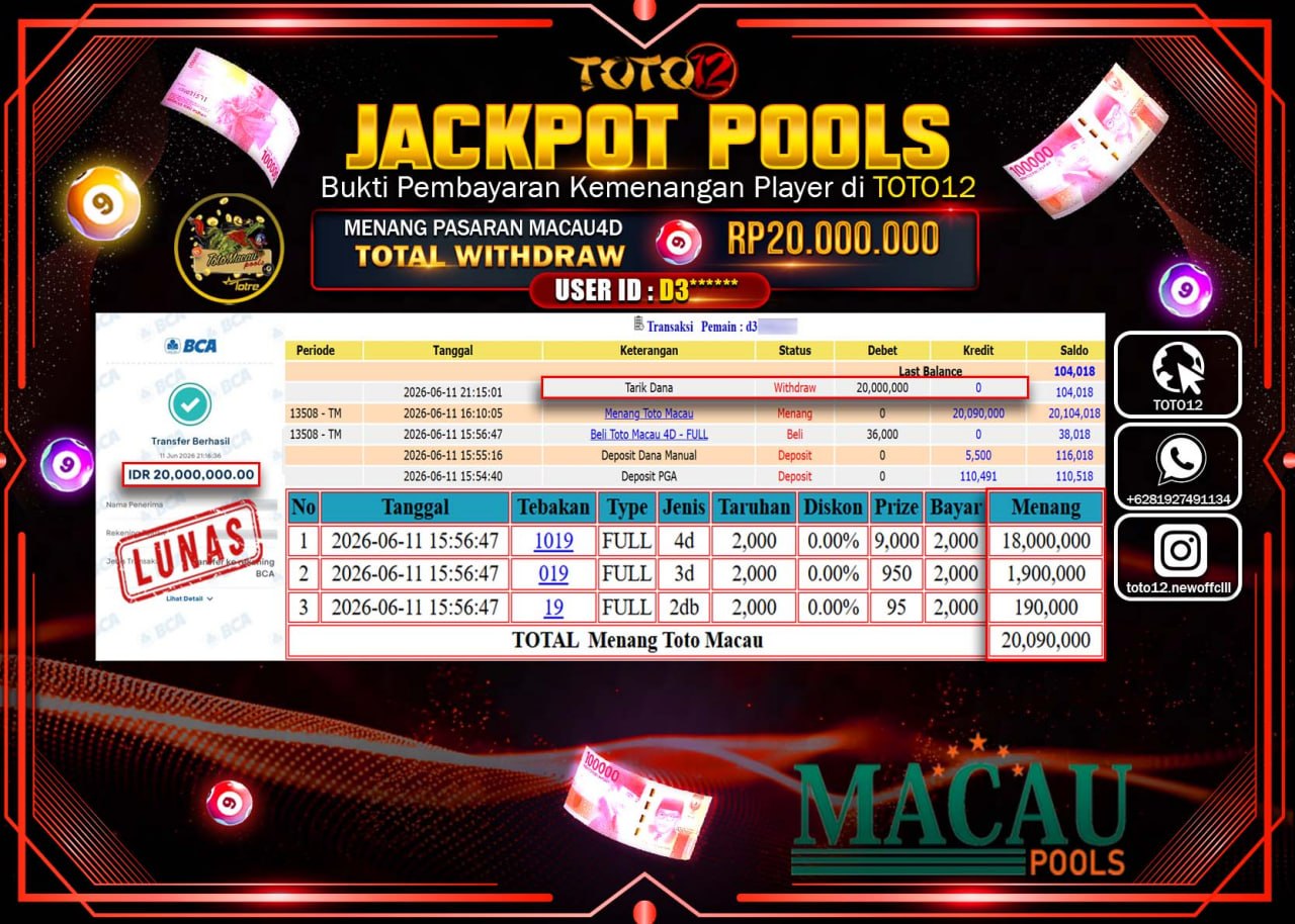 HANYA DI TOTO12 JP PASTI DI BAYAR LUNAS DAN CEPAT!!!!!! JACKPOT POOLS PASARAN (MACAU 4D) Rp20.000.000!!!!