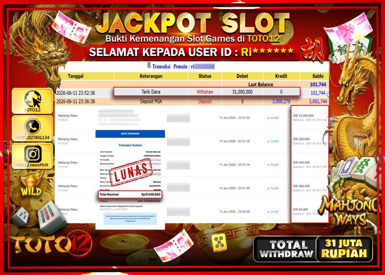 HANYA DI TOTO12 JP PASTI DI BAYAR LUNAS DAN CEPAT!!!!!! JACKPOT SLOT GAME (MAHJONG WAYS) Rp31.000.000!!!!