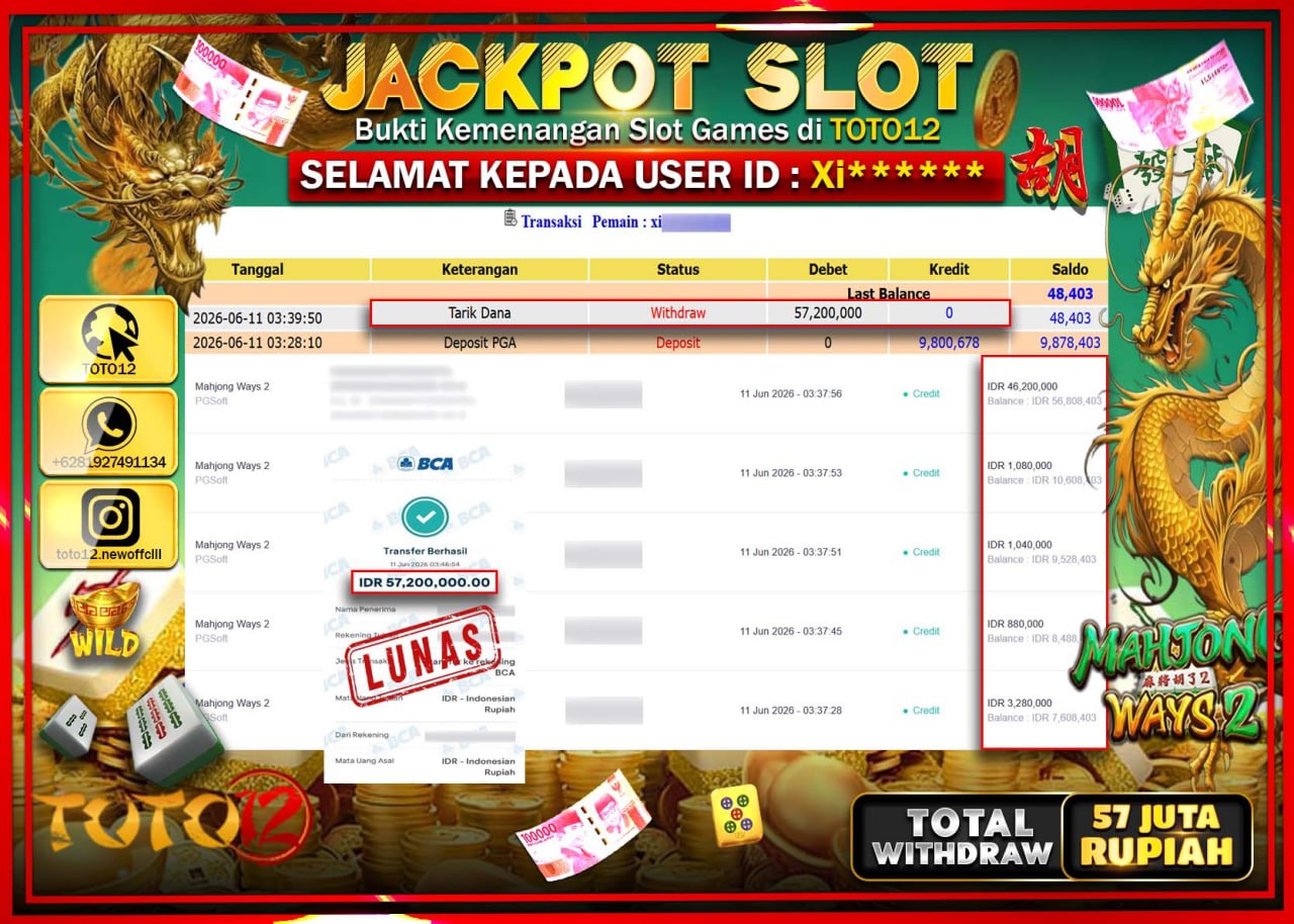 HANYA DI TOTO12 JP PASTI DI BAYAR LUNAS DAN CEPAT!!!!!! JACKPOT SLOT GAME (MAHJONG WAYS 2) Rp57.200.000!!!!
