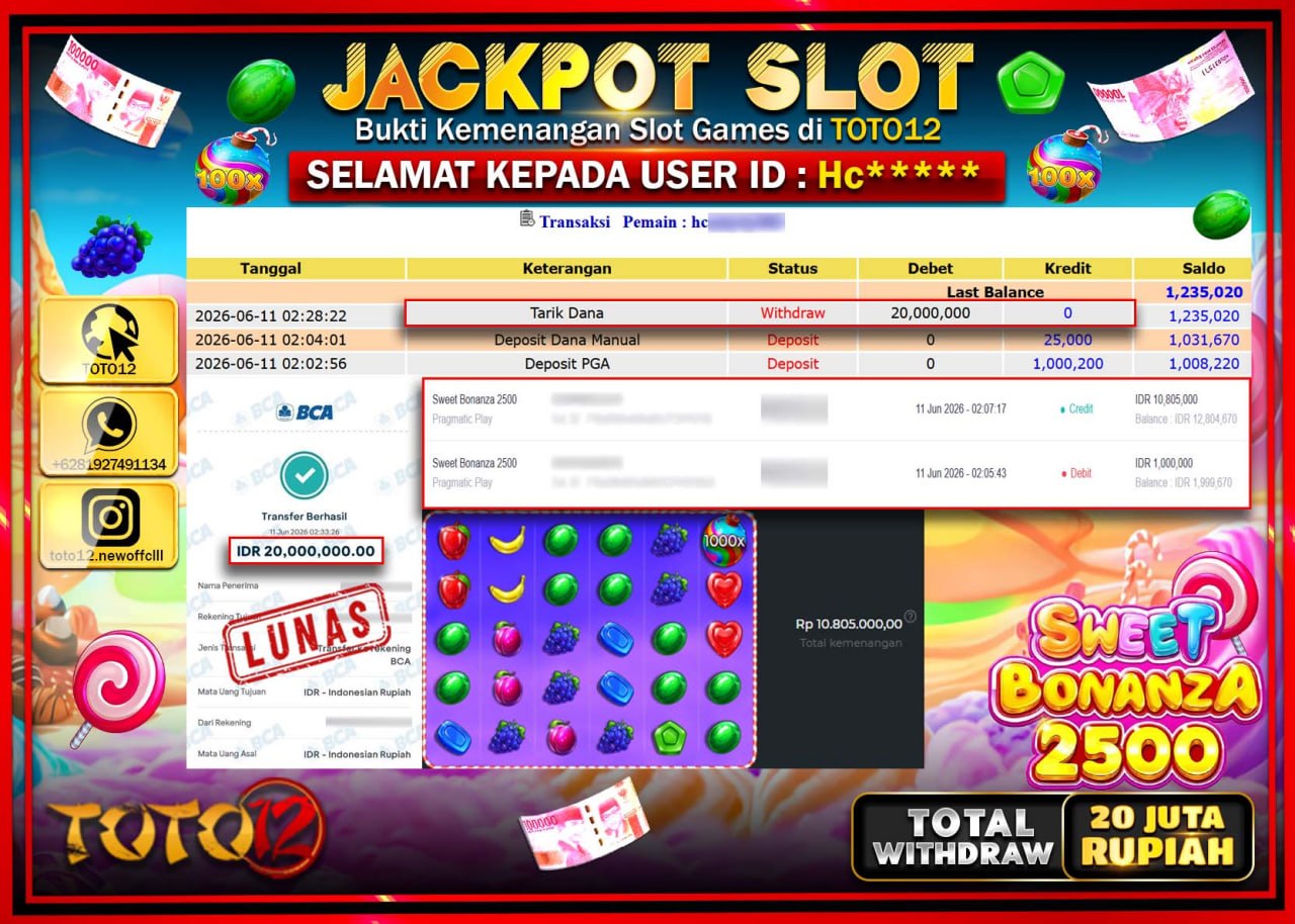 HANYA DI TOTO12 JP PASTI DI BAYAR LUNAS DAN CEPAT!!!!!! JACKPOT SLOT GAME (SWEET BONANZA 2500) Rp20.000.000!!!!