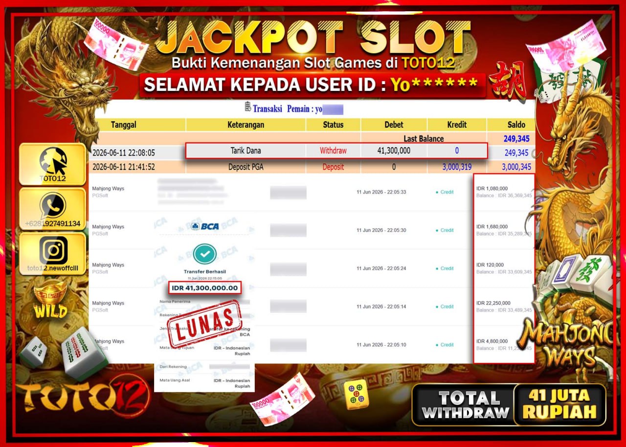 HANYA DI TOTO12 JP PASTI DI BAYAR LUNAS DAN CEPAT!!!!!! JACKPOT SLOT GAME (MAHJONG WAYS) Rp41.300.000!!!!