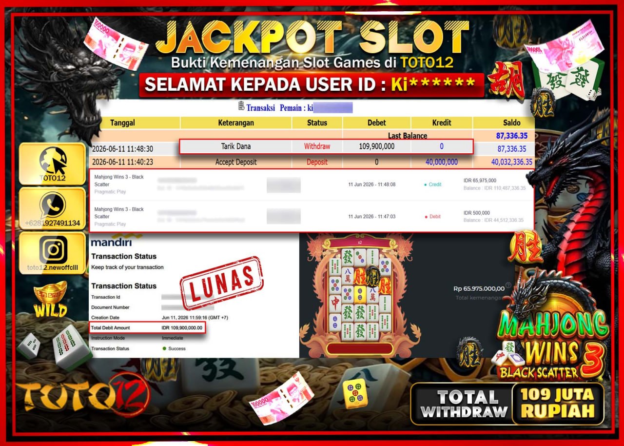 HANYA DI TOTO12 JP PASTI DI BAYAR LUNAS DAN CEPAT!!!!!! JACKPOT SLOT GAME (MAHJONG WINS 3 BLACK SCATTER) Rp109.900.000!!!!