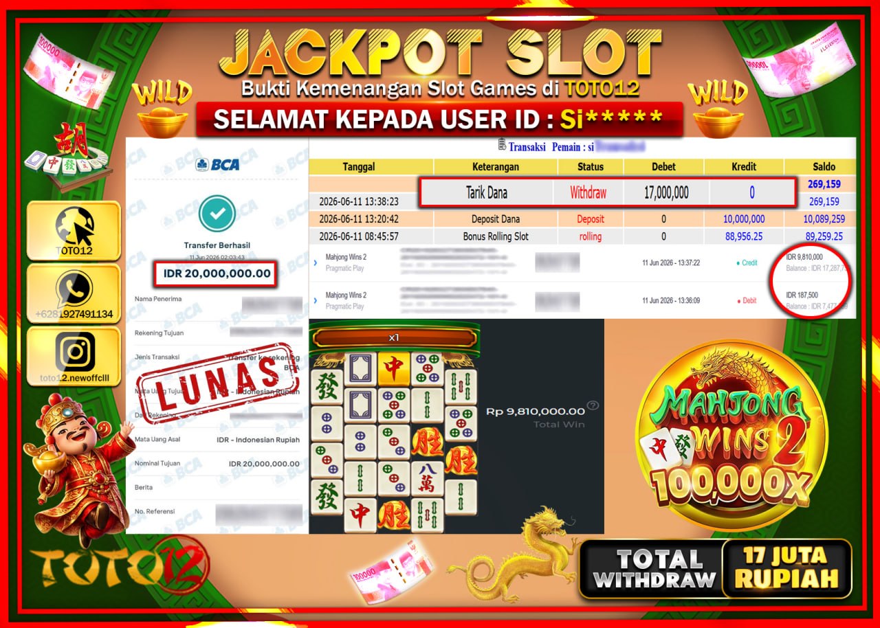 HANYA DI TOTO12 JP PASTI DI BAYAR LUNAS DAN CEPAT!!!!!! JACKPOT SLOT GAME (MAHJONG WINS 2) Rp17.000.000!!!!