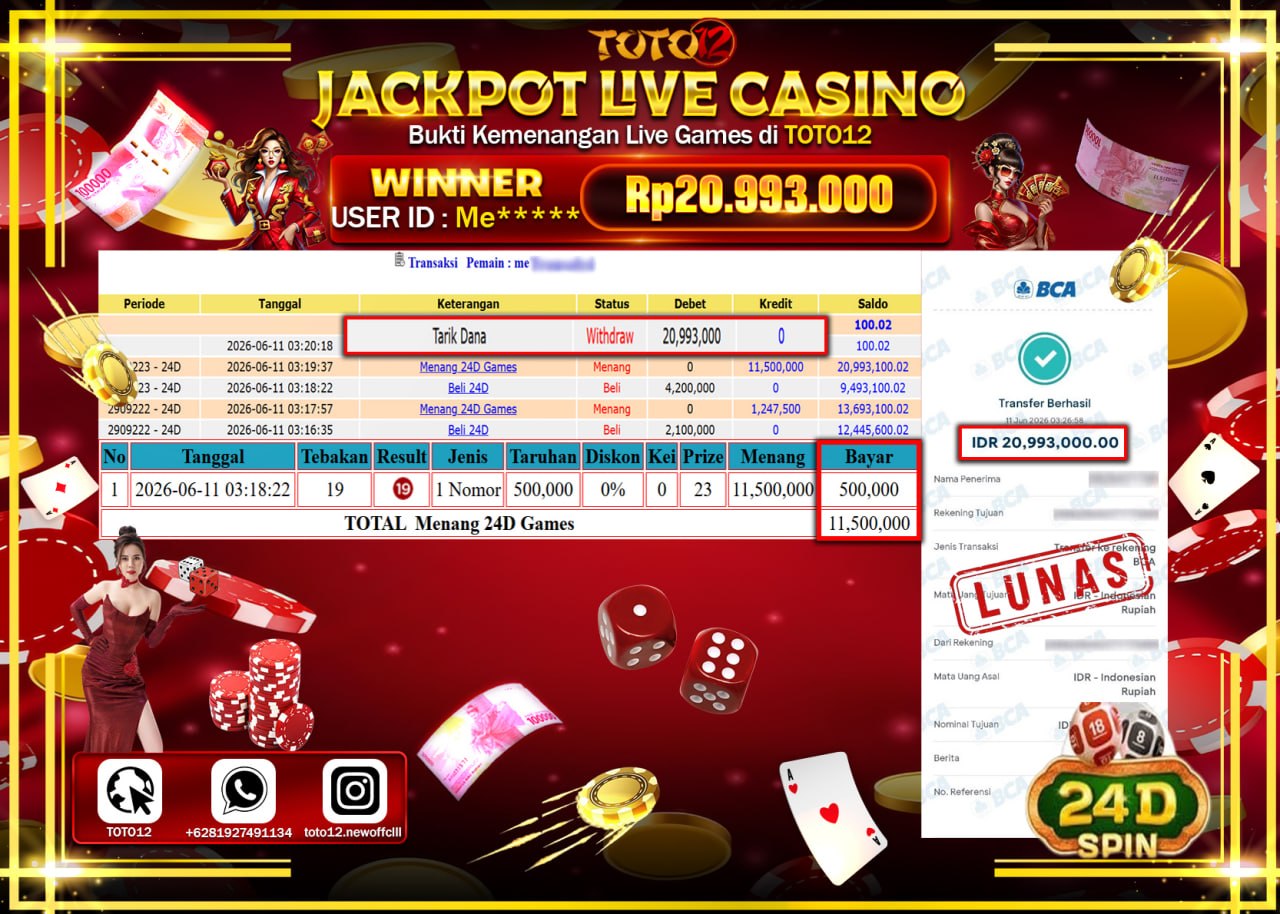 HANYA DI TOTO12 JP PASTI DI BAYAR LUNAS DAN CEPAT!!!!!! JACKPOT  LIVE GAME CASINO (24D) Rp20.993.000!!!!