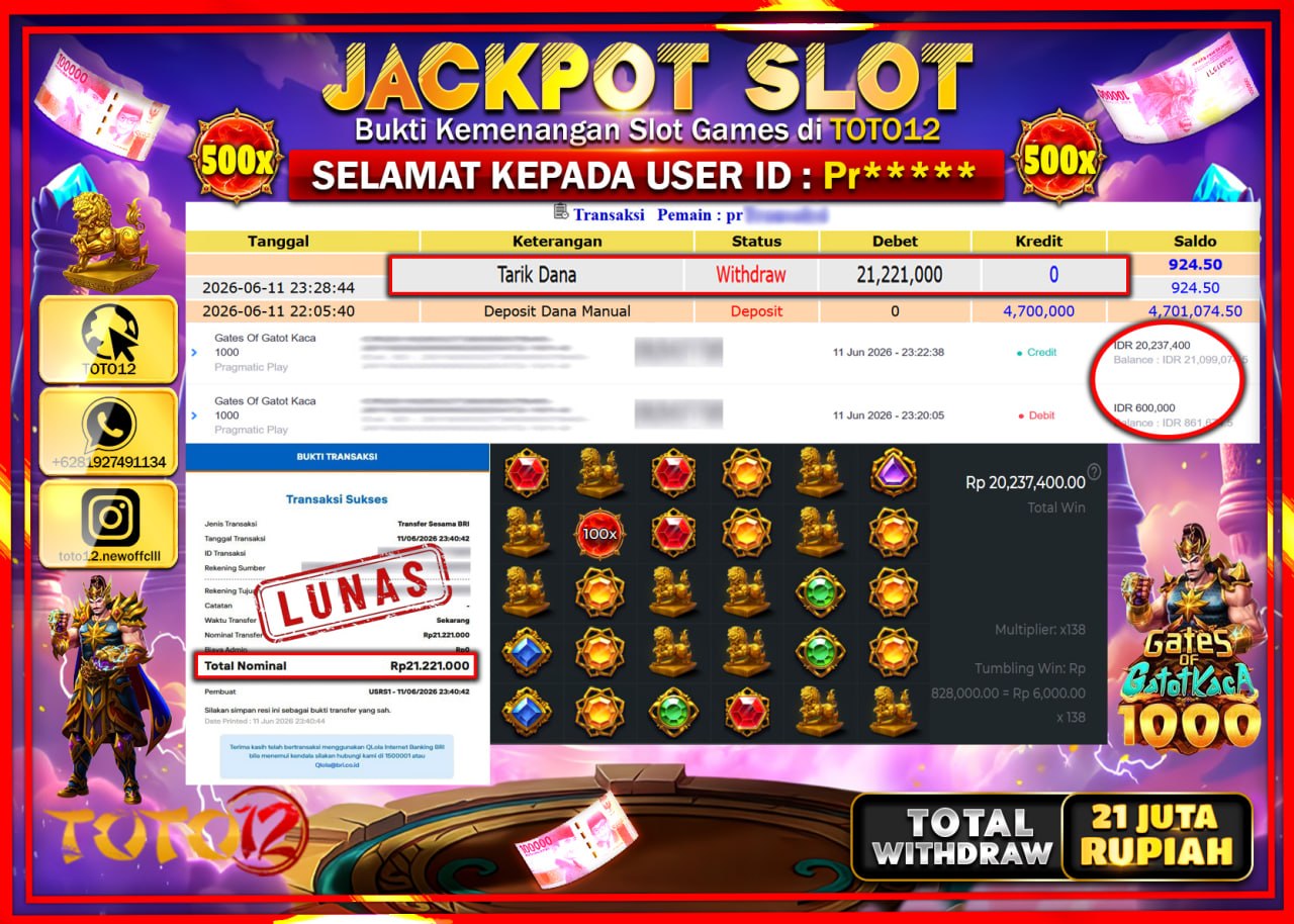 HANYA DI TOTO12 JP PASTI DI BAYAR LUNAS DAN CEPAT!!!!!! JACKPOT SLOT GAME (GATES OF GATOTKACA 1000) Rp21.221.000!!!!