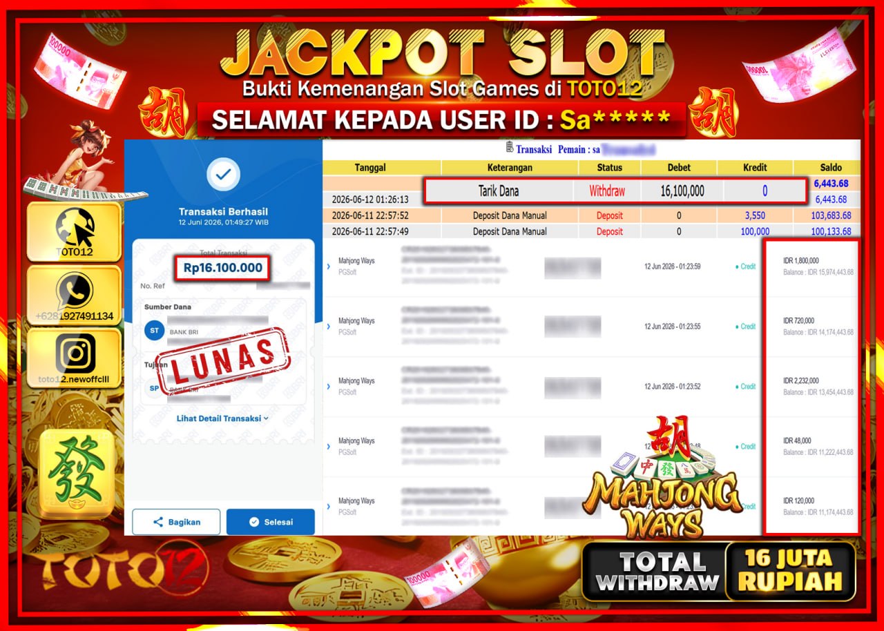 HANYA DI TOTO12 JP PASTI DI BAYAR LUNAS DAN CEPAT!!!!!! JACKPOT SLOT GAME (MAHJONG WAYS) Rp16.100.000!!!!