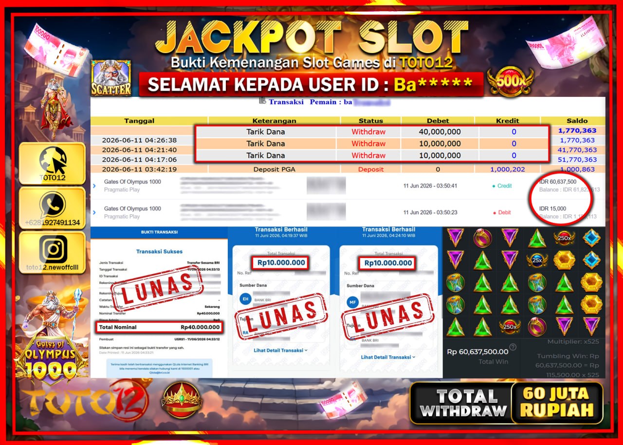 HANYA DI TOTO12 JP PASTI DI BAYAR LUNAS DAN CEPAT!!!!!! JACKPOT SLOT GAME (GATES OF OLYMPUS 1000) Rp60.000.000!!!!
