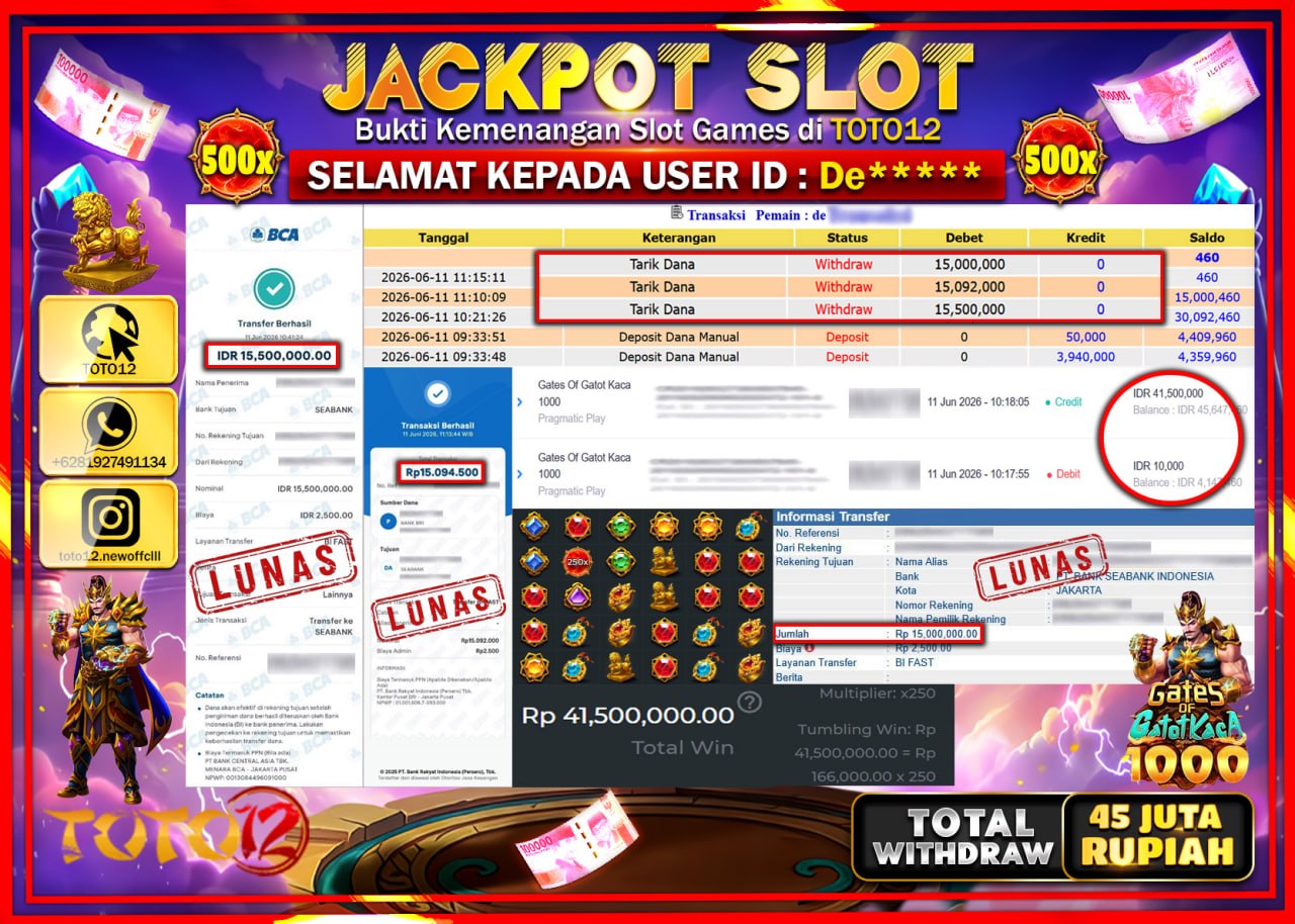 HANYA DI TOTO12 JP PASTI DI BAYAR LUNAS DAN CEPAT!!!!!! JACKPOT SLOT GAME (GATES OF GATOT KACA 1000) Rp45.592.000!!!!