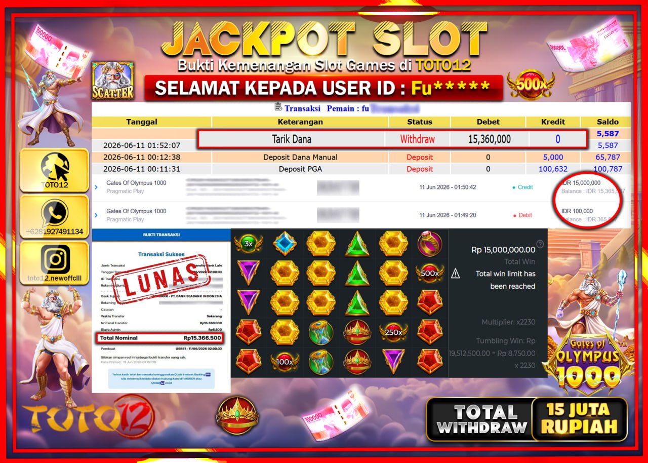 HANYA DI TOTO12 JP PASTI DI BAYAR LUNAS DAN CEPAT!!!!!! JACKPOT SLOT GAME (GATES OF OLYMPUS 1000) Rp15.360.000!!!!