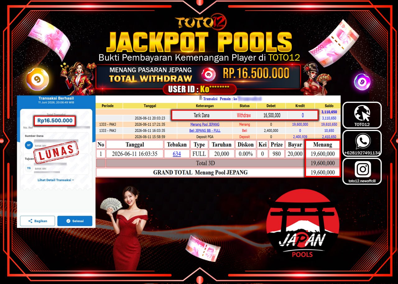 HANYA DI TOTO12 JP PASTI DI BAYAR LUNAS DAN CEPAT!!!!!! JACKPOT POOLS PASARAN (JEPANG) Rp16.500.000!!!!