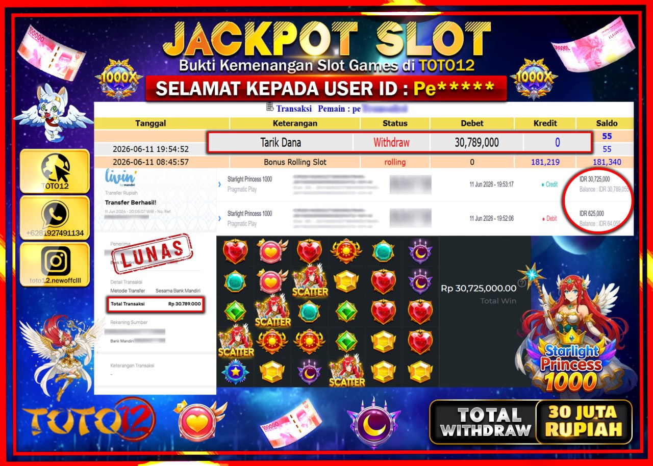 HANYA DI TOTO12 JP PASTI DI BAYAR LUNAS DAN CEPAT!!!!!! JACKPOT SLOT GAME (STARLIGHT PRINCESS 1000) Rp30.789.000!!!!
