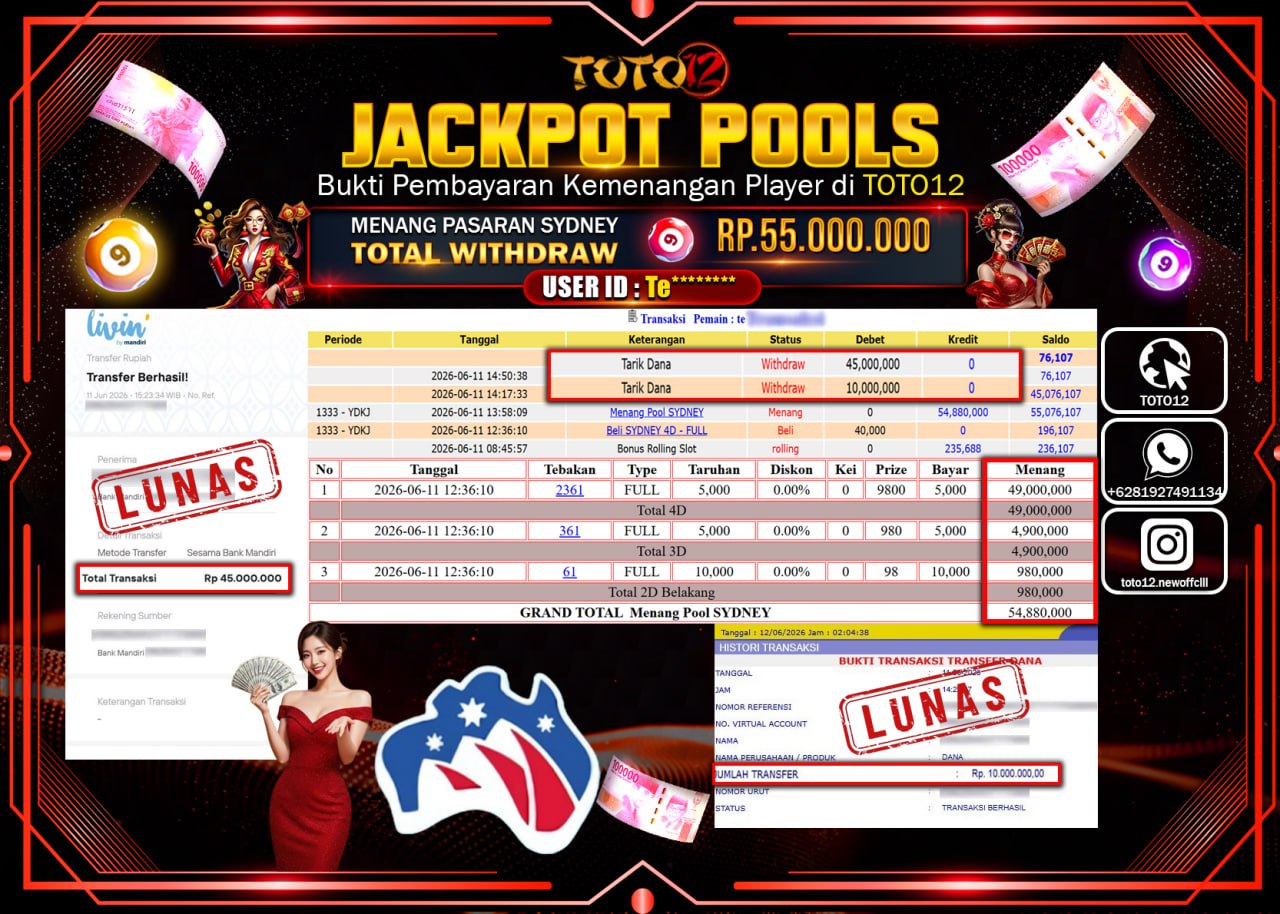HANYA DI TOTO12 JP PASTI DI BAYAR LUNAS DAN CEPAT!!!!!! JACKPOT SLOT GAME (SYDNEY) Rp55.000.000!!!!