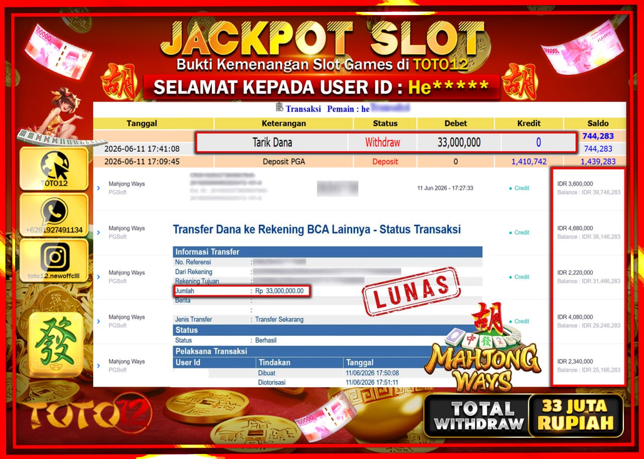 HANYA DI TOTO12 JP PASTI DI BAYAR LUNAS DAN CEPAT!!!!!! JACKPOT SLOT GAME (MAHJONG WAYS) Rp33.000.000!!!!