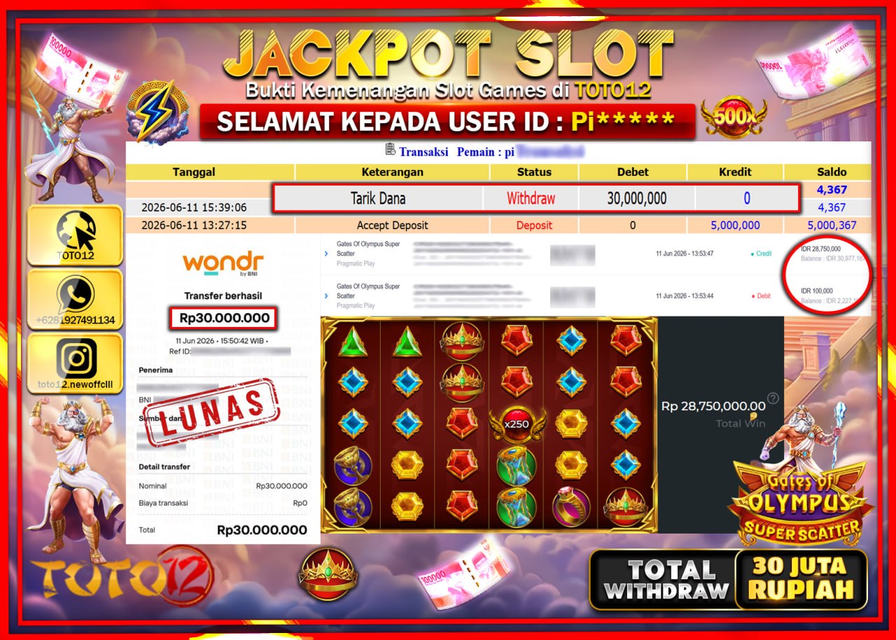 HANYA DI TOTO12 JP PASTI DI BAYAR LUNAS DAN CEPAT!!!!!! JACKPOT SLOT GAME (GATES OF OLYMPUS SUPER SCATTER) Rp30.000.000!!!!