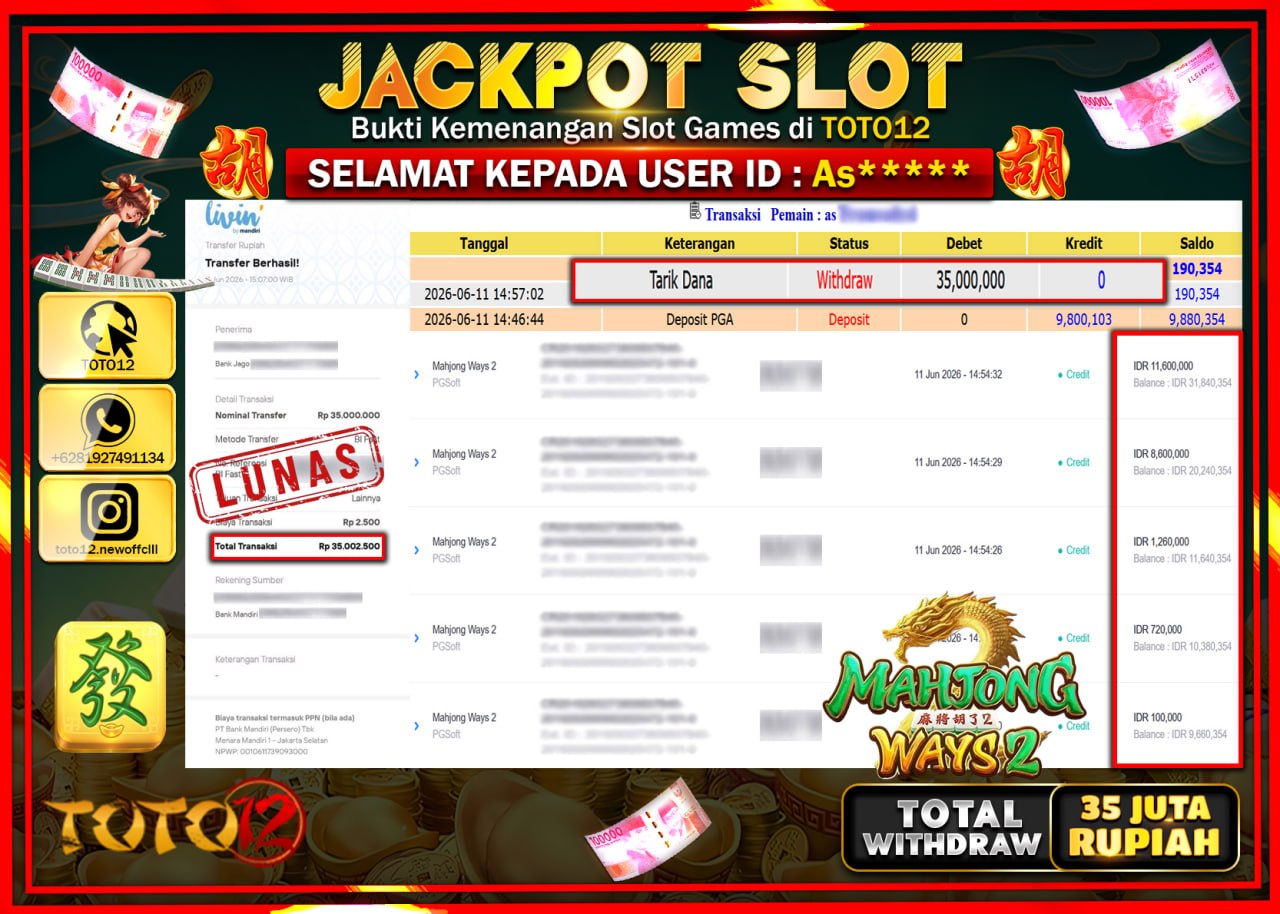 HANYA DI TOTO12 JP PASTI DI BAYAR LUNAS DAN CEPAT!!!!!! JACKPOT SLOT GAME (MAHJONG WAYS 2) Rp35.000.000!!!!