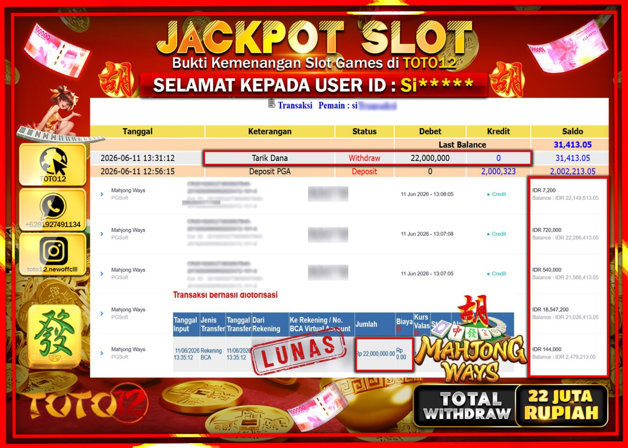 HANYA DI TOTO12 JP PASTI DI BAYAR LUNAS DAN CEPAT!!!!!! JACKPOT SLOT GAME (MAHJONG WAYS) Rp22.000.000!!!!
