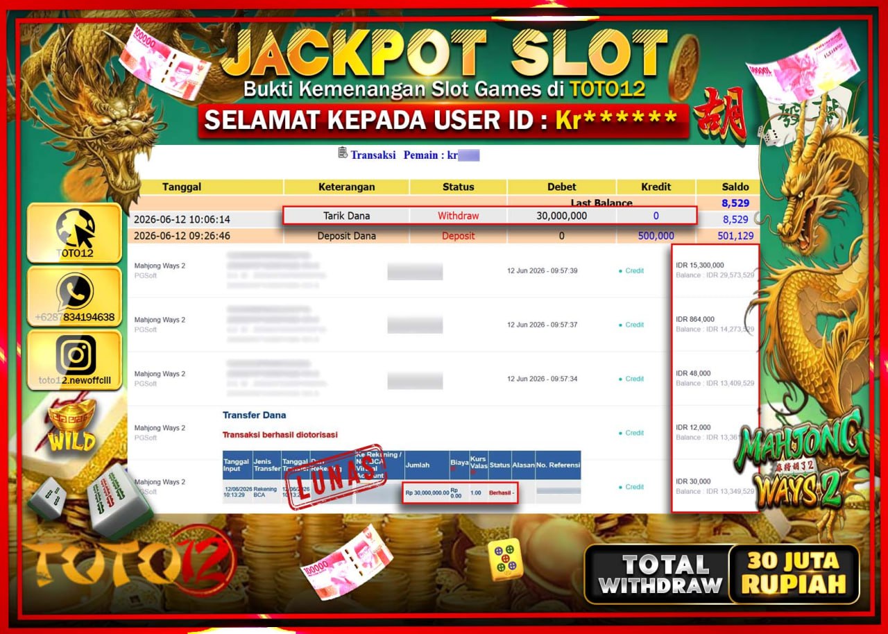 HANYA DI TOTO12 JP PASTI DI BAYAR LUNAS DAN CEPAT!!!!!! JACKPOT SLOT GAME (MAHJONG WAYS 2) Rp30.000.000!!!!