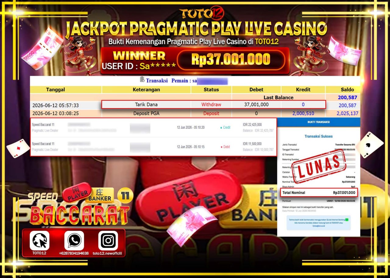 HANYA DI TOTO12 JP PASTI DI BAYAR LUNAS DAN CEPAT!!!!!! JACKPOT PRAGMATIC PLAY LIVE GAME CASINO (SPEED BACCARAT 11) Rp37.001.000!!!!