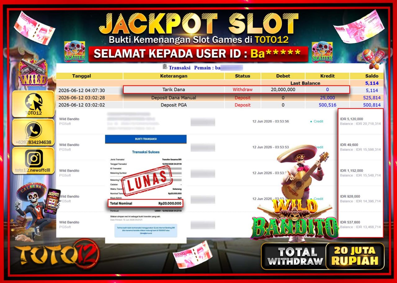 HANYA DI TOTO12 JP PASTI DI BAYAR LUNAS DAN CEPAT!!!!!! JACKPOT SLOT GAME (WILD BANDITO) Rp20.000.000!!!!